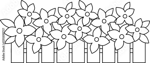 Spring flowerbed outline.
Garden Flower Group coloring page.
Spring cute Simple flowers.
Flat stock vector Isolated .
Transparent background.