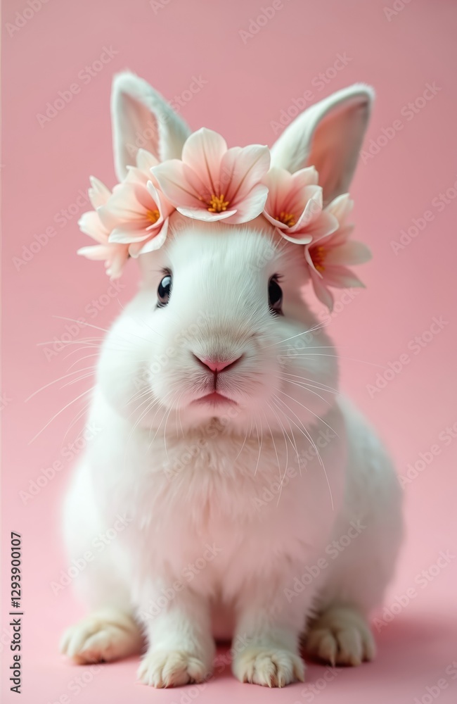 Obraz premium Adorable white bunny portrait with flower crown of pink, white blossoms. Fluffy rabbit sitting on pink background. Gentle easter animal, symbol of spring, innocence, joy, beauty. Domestic pet.