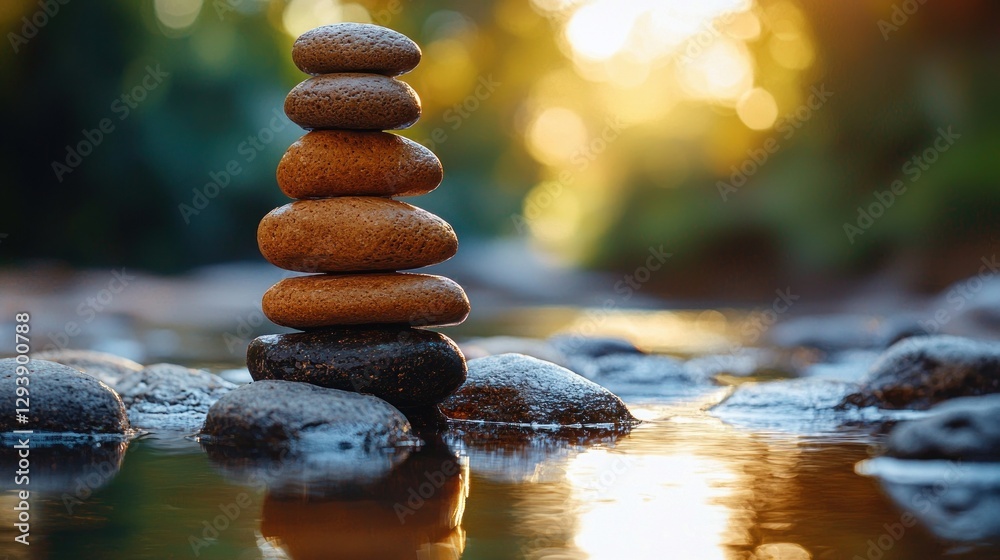 Obraz premium Stacked stones by a flowing stream at sunset