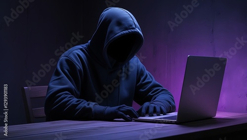 A mysterious figure sits at a plain wooden table, hunched over a sleek silver laptop, fully engaged in their work. With neon purple light