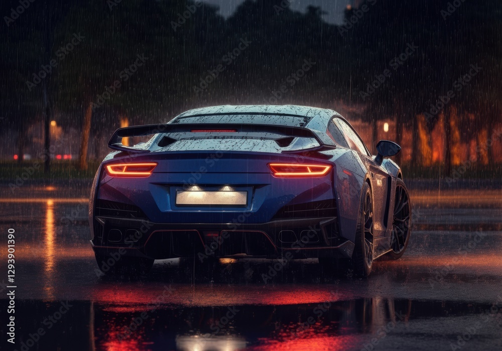 Naklejka premium Sleek sports car parked in the rain, showcasing its modern design and vibrant lights