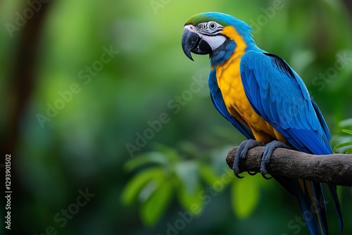 Colorful macaw perched on a branch surrounded by green foliage in a tropical setting