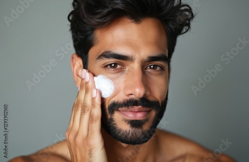 Millennial Hispanic man applies cleansing foam onto face skin. Beauty portrait of handsome metrosexual guy with groomed beard, perfect skin. Male beauty concept. Face care, home spa.