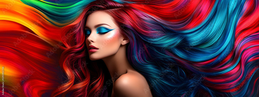 Naklejka premium A beautiful woman with colorful hair poses for the camera 