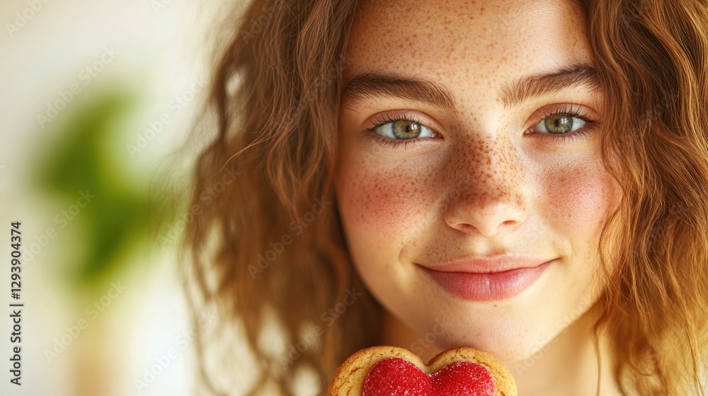 Smiling girl holds heart-shaped cookie, radiating joy and warmth Smiling girl holds heart-shaped cookie, radiating joy and warmth