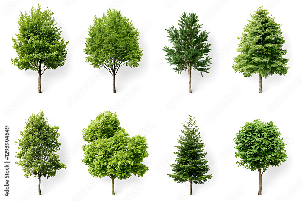 Fototapeta premium 3d realistic green trees collection isolated on white background