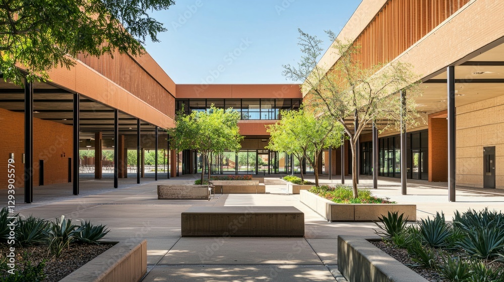 Fototapeta premium Modern Architectural Exterior with Lush Green Landscaping Elements