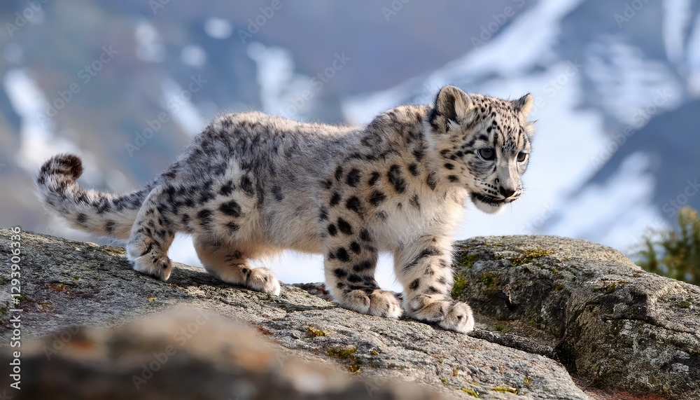 Playful Snow Leopard Cub Exploring Rocky Terrain in Winters Icy Majesty, Caught in a Moment of Wild Grace and Natural Beauty. Playful Snow Leopard Cub Exploring Rocky Terrain in Winters Icy Majesty, Caught in a Moment of Wild Grace and Natural Beauty.