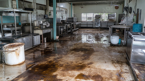 An unhygienic commercial kitchen with a dirty floor. The stainless steel equipment is tarnished, and the space appears abandoned. A health code violation.