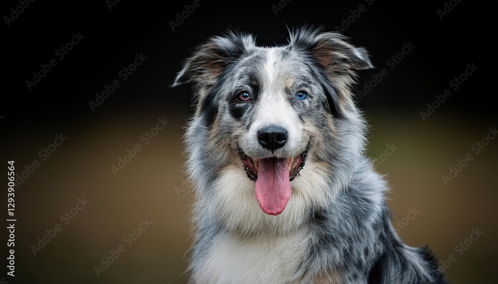 Sitting and Panting Bleu Merle Border Collie Caught in a Serene Forest Moment, Showcasing Natures Tranquility in a Dappled Afternoon Light with a Backdrop of Lush Greenery and Rustic Textures. Sitting and Panting Bleu Merle Border Collie Caught in a Serene Forest Moment, Showcasing Natures Tranquility in a Dappled Afternoon Light with a Backdrop of Lush Greenery and Rustic Textures.