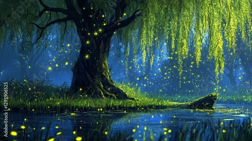 Enchanted forest scene with glowing fireflies illuminating a serene willow tree by a tranquil lake at twilight