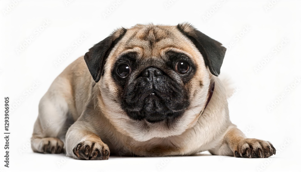 Adorable Pug in White Playful Pet Relaxing against Clean Background, Perfect for Digital Art, Home Decor, or Design Inspiration. Adorable Pug in White Playful Pet Relaxing against Clean Background, Perfect for Digital Art, Home Decor, or Design Inspiration.