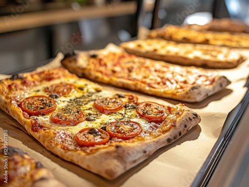 Wallpaper Mural Delicious rectangular pizza with fresh tomatoes and herbs on parchment paper in warm light food photography Torontodigital.ca