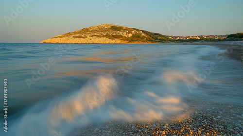 Coastal waves at sunrise, rocky hill photo