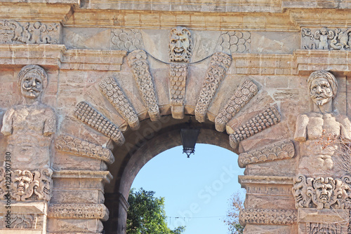 Porta Nuova, old wall city gate, statue reliefs in Palermo, Italy
