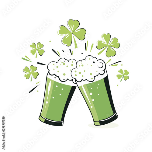 Vector illustration of two green beer glasses clinking with shamrocks, symbolizing Irish traditions, celebration, and St. Patrick’s Day fun.