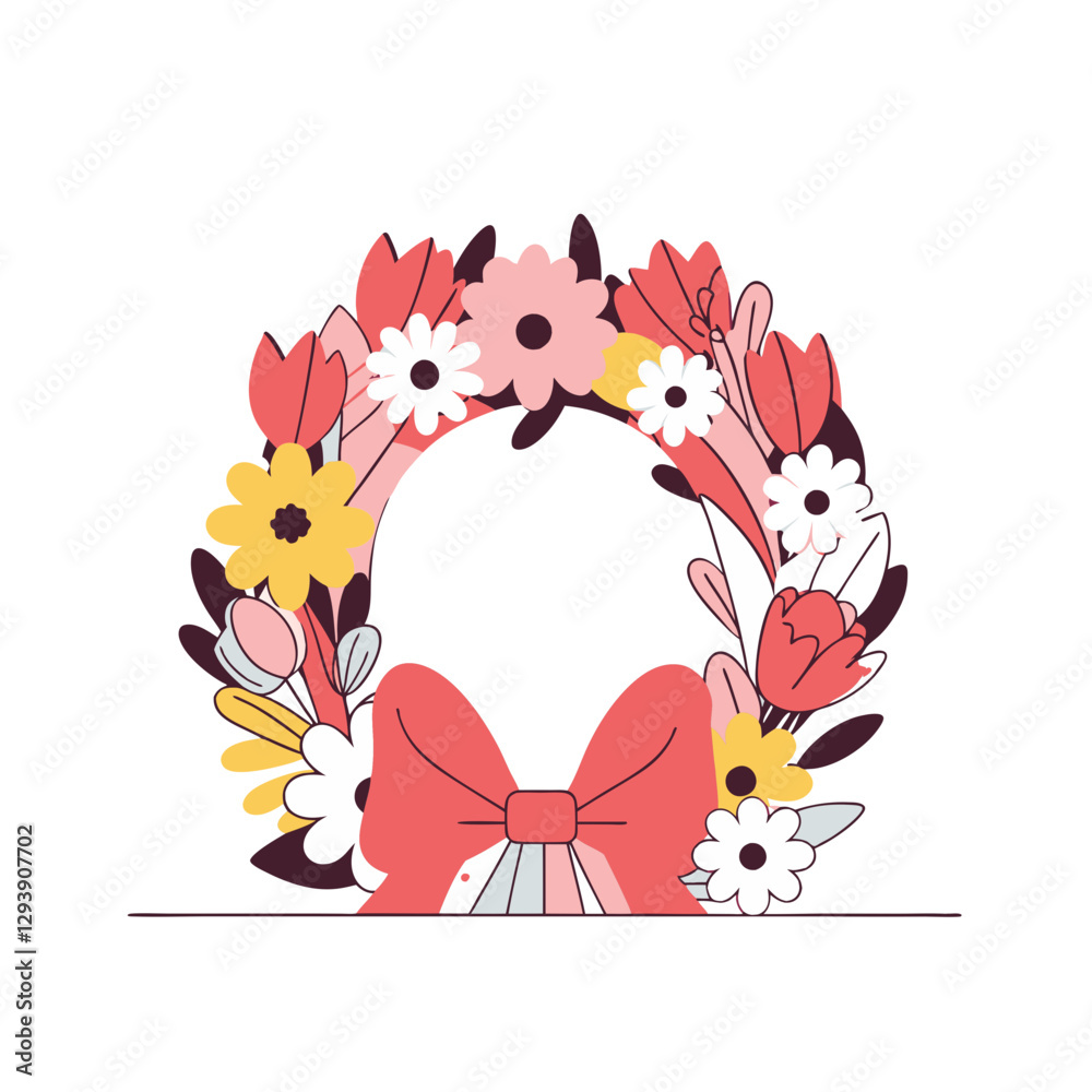 Obraz premium Vector illustration of a floral wreath with a bow, symbolizing elegance, spring, and festive decoration in a delicate style.