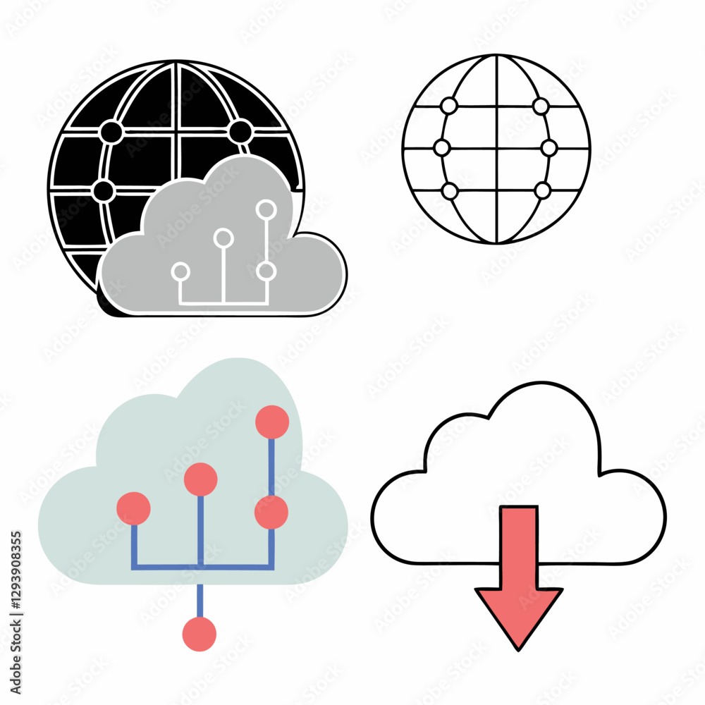 Top Network Cloud Computing Icons: Global Network, Data, Download. Top Network Cloud Computing Icons: Global Network, Data, Download.