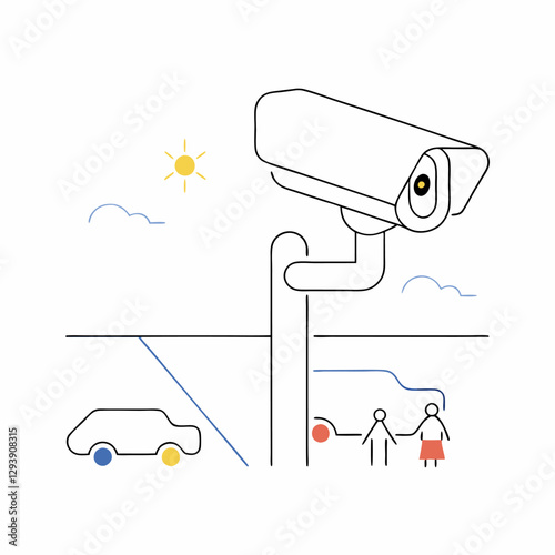 Minimalist Security Camera Illustration: Family, Car.