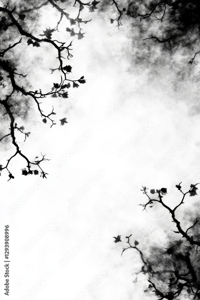 Obraz premium Branches reaching towards a cloudy sky in black and white
