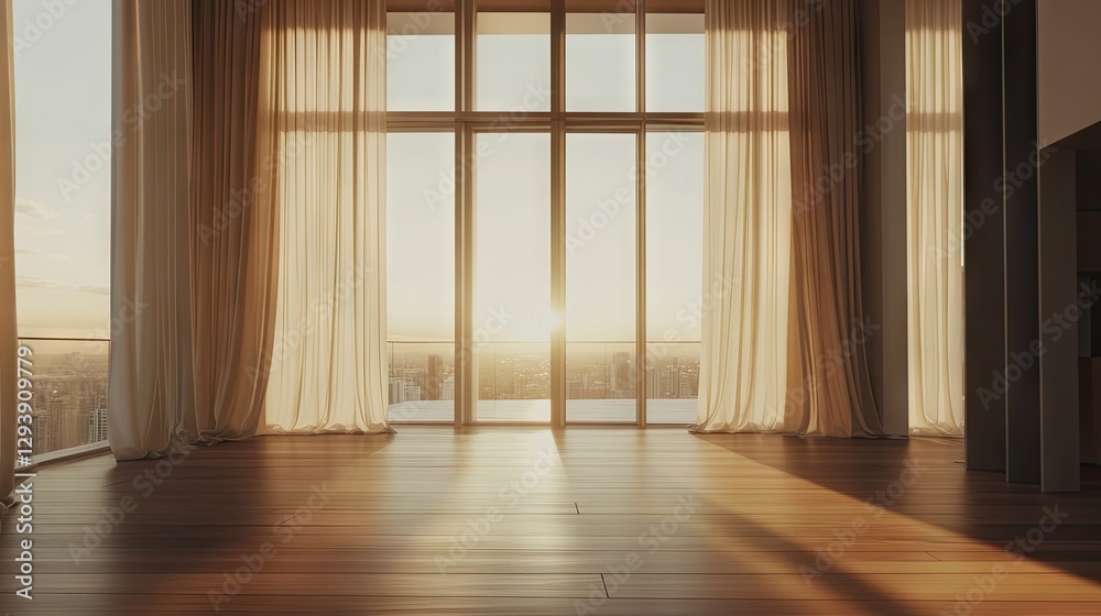 Obraz premium A contemporary loft with large windows, wooden floors, and cotton curtains.
