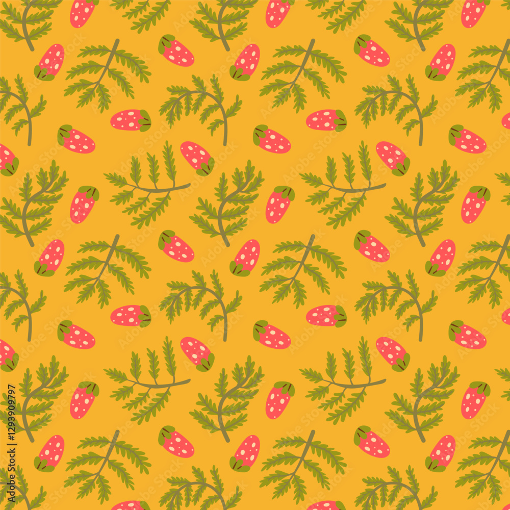 Fototapeta premium Seamless pattern with strawberries, ferns
