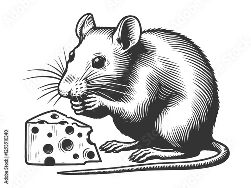 Mouse Eating Cheese Vintage vector illustration