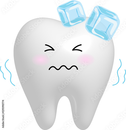 Cute cartoon sensitive tooth character with ice. Sensitive tooth to coldness. 3d illustration.
