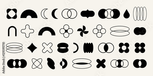 Black brutalist geometric shapes, modern symbols. Set simple primitive elements and forms. Vector futuristic flat design, trendy contemporary minimalist style, y2k. 