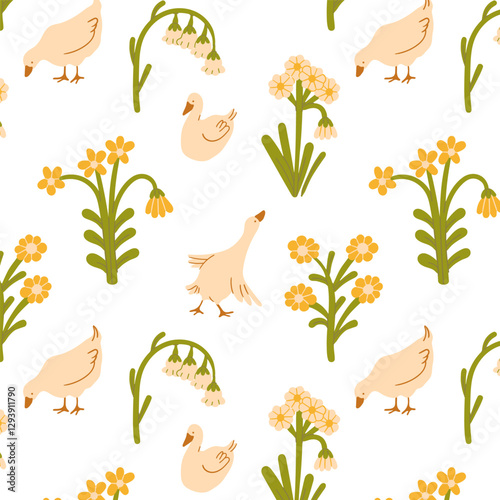 Seamless pattern with flowers, plants, geese