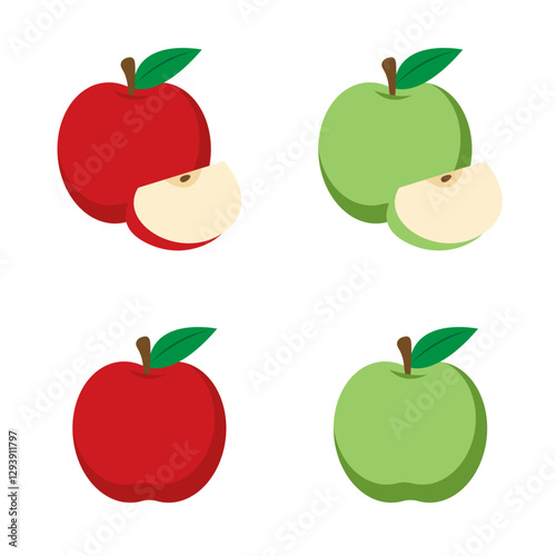 Apples food icon. Red and green apple fruit whole and half. Healthy lifestyle. Vector illustration in flat style. Set of apples and sliced apples isolated on white background.