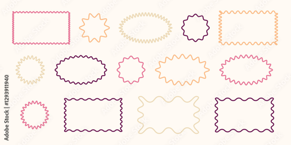 Set of frames with zigzag edge, scallop shapes. Colorful, empty, wavy, geometric, abstract. Retro groovy elements. Rectangular curved frame vector design for template. Set of frames with zigzag edge, scallop shapes. Colorful, empty, wavy, geometric, abstract. Retro groovy elements. Rectangular curved frame vector design for template.