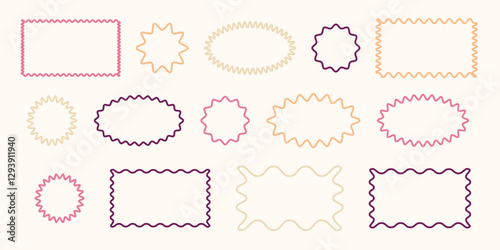 Set of frames with zigzag edge, scallop shapes. Colorful, empty, wavy, geometric, abstract. Retro groovy elements. Rectangular curved frame vector design for template.