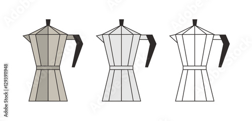 Set of coffee maker. Vector illustration of camping geyser coffee maker. Flat outdoor hot drink kitchenware sticker in doodle style. Tourism breakfast espresso icon. Adventure, hiking. Isolated.