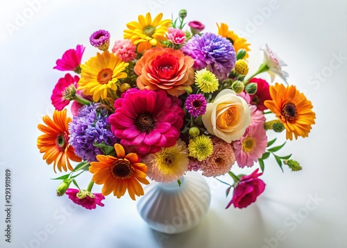 Aerial View: Elegant Vase with Flowers, White Background - Drone Photography