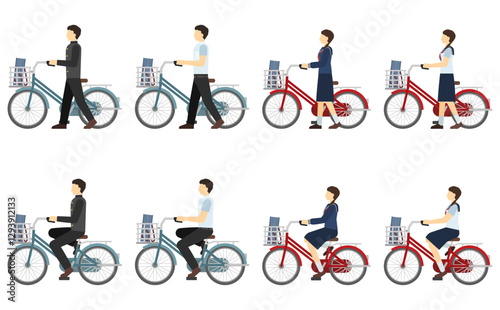 フラットイラスト：自転車と中学生