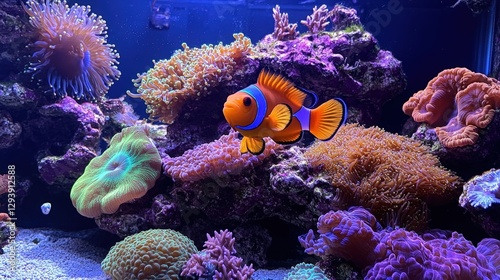Vibrant orange and yellow coral with a striking blue stripe emerges from a mesmerizing underwater world, encircled by soft purples and whites, evoking an ethereal oceanic tapestry