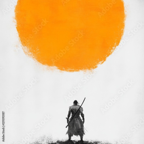 Warrior standing beneath a large orange sun in a stark landscape
