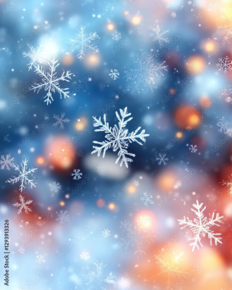 Ethereal winter scene with delicate snowflakes falling against a vibrant bokeh light background creating a magical holiday ambiance Ethereal winter scene with delicate snowflakes falling against a vibrant bokeh light background creating a magical holiday ambiance