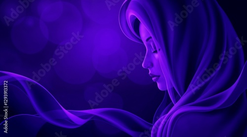 Stylized woman in a purple hijab with soft glowing elements, digital art illustration
