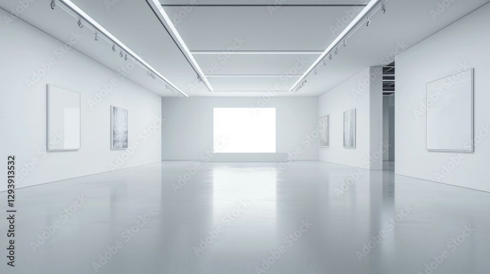Modern Art Gallery Interior with Empty Frames on White Walls Modern Art Gallery Interior with Empty Frames on White Walls