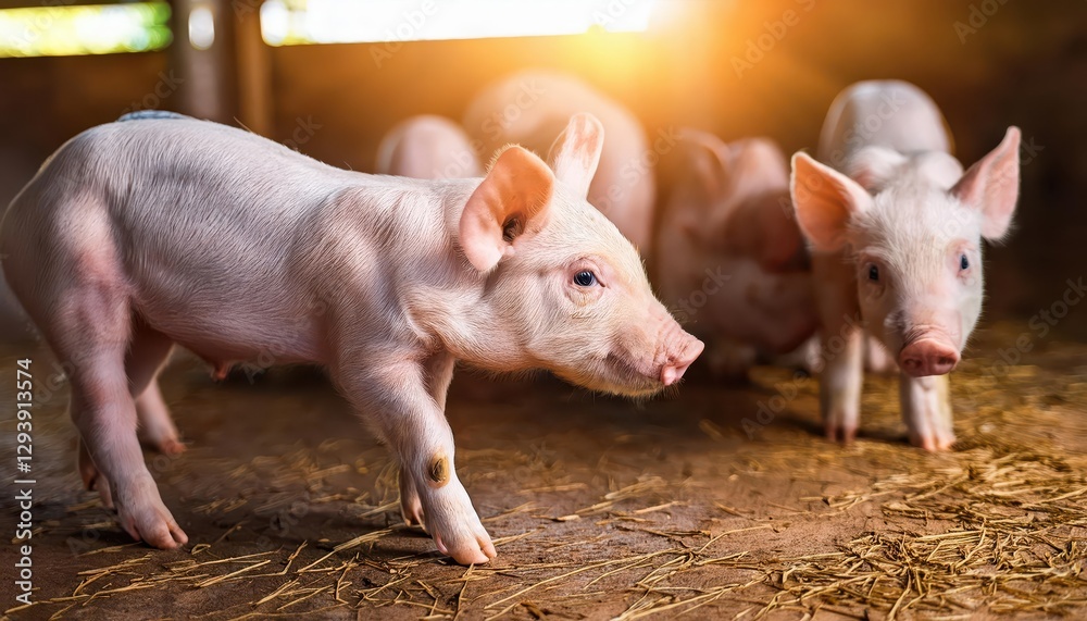 Vibrant Group of Piglets Indoors on a Farmyard in Thailands Countryside Warmth and Playfulness Radiate as Swine frolic in the Stall during Golden Hour. Vibrant Group of Piglets Indoors on a Farmyard in Thailands Countryside Warmth and Playfulness Radiate as Swine frolic in the Stall during Golden Hour.