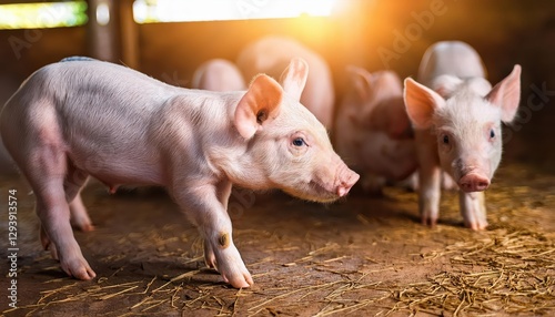 Vibrant Group of Piglets Indoors on a Farmyard in Thailands Countryside Warmth and Playfulness Radiate as Swine frolic in the Stall during Golden Hour. photo