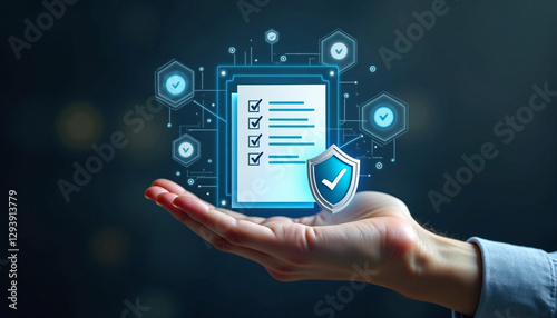 Hand holding a digital checklist and shield symbolizing data security and compliance photo