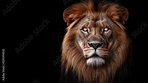 Wallpaper Mural Powerful male lion close-up with piercing amber eyes and thick mane on a dark background, symbolizing strength and wildlife beauty

 Torontodigital.ca