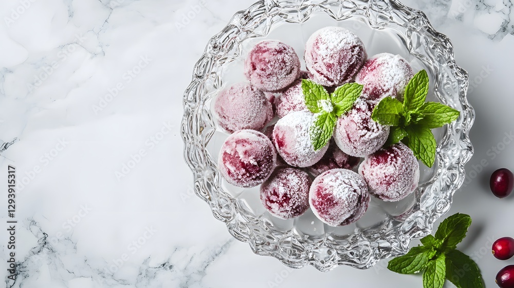 Fototapeta premium Delicious cherry sweets with mint served on crystal bowl