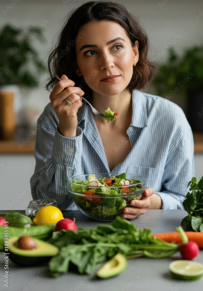 Woman enjoying a fresh salad, highlighting healthy eating and lifestyle choices