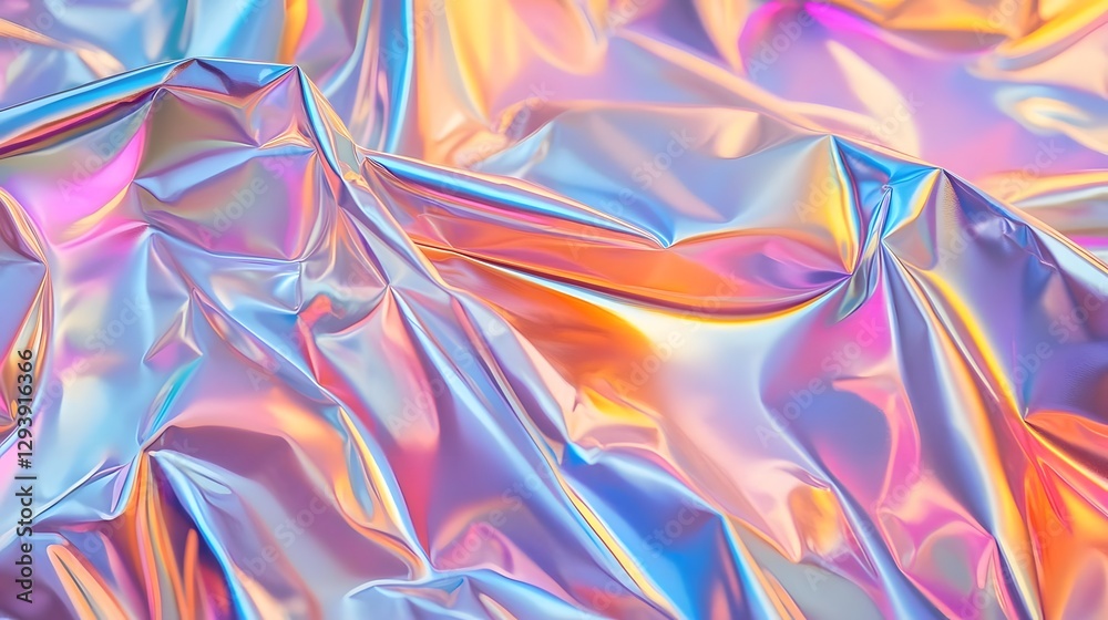 Colorful iridescent crumpled foil texture showcasing vibrant hues and reflections in a dynamic display Colorful iridescent crumpled foil texture showcasing vibrant hues and reflections in a dynamic display