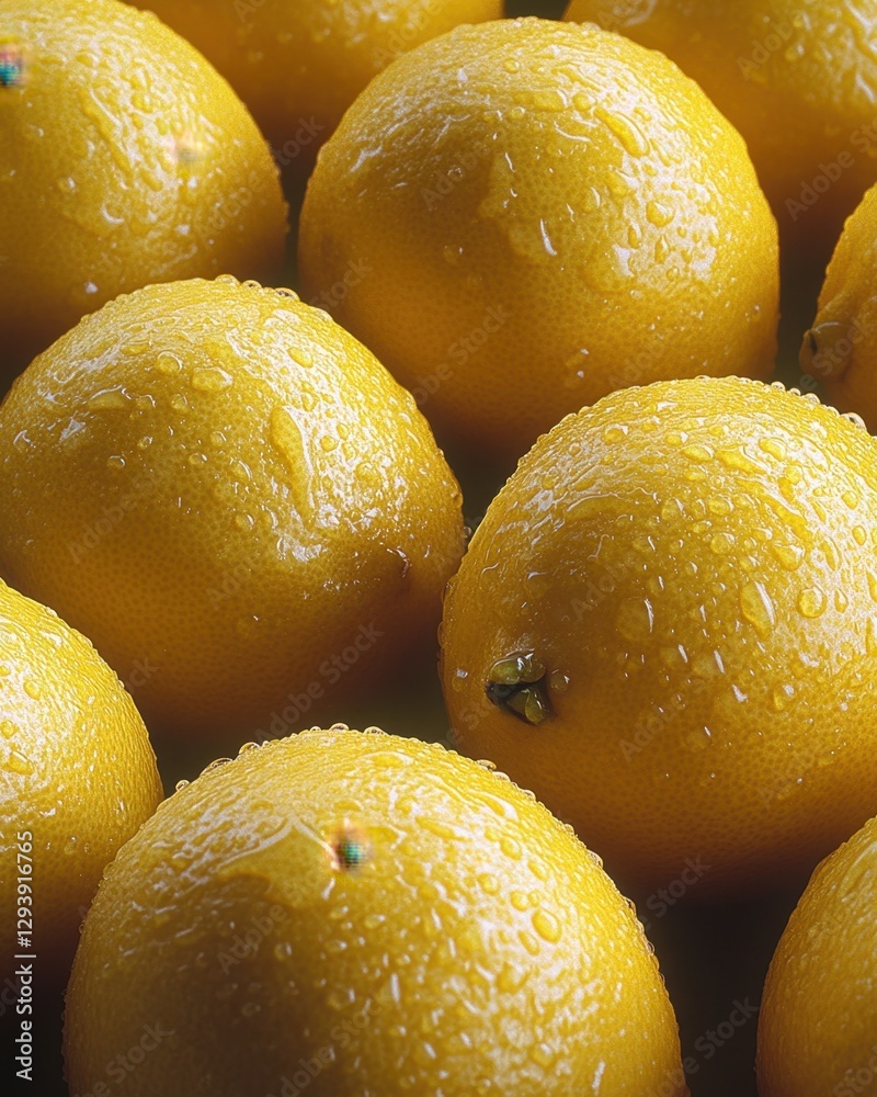 Refreshing yellow lemons glistening with water droplets creating a vibrant and juicy still life image perfect for summer recipes and healthy eating promotions