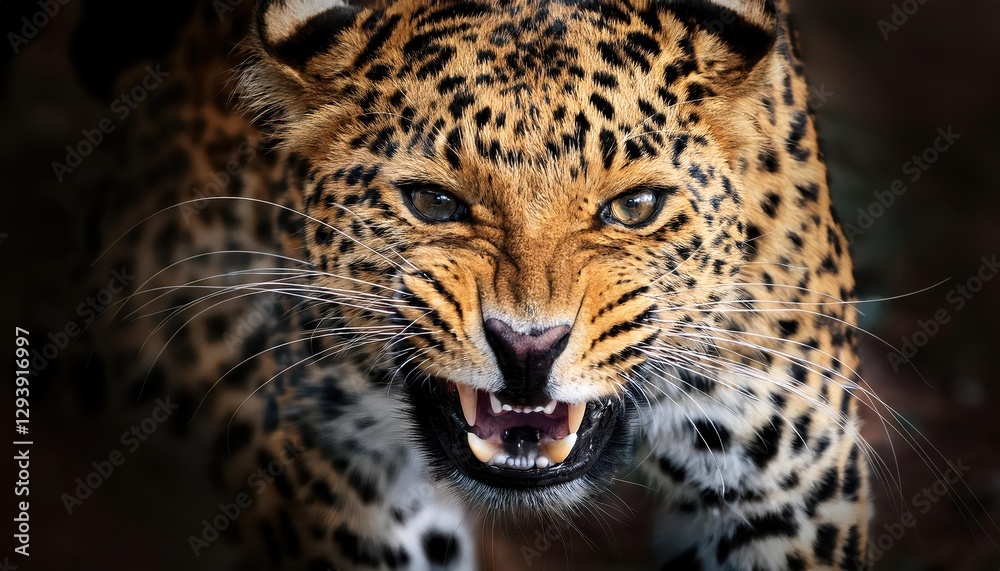 Intense Leopard Portrait Majestic Felid in Rich Wilderness, Showcasing Power and Vulnerability with Sharp Eyes Gazing Directly into the Soul of the Observer. Intense Leopard Portrait Majestic Felid in Rich Wilderness, Showcasing Power and Vulnerability with Sharp Eyes Gazing Directly into the Soul of the Observer.